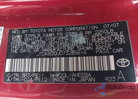 2007 Toyota Prius from USA, damaged, VIN JTDKB20U073285616